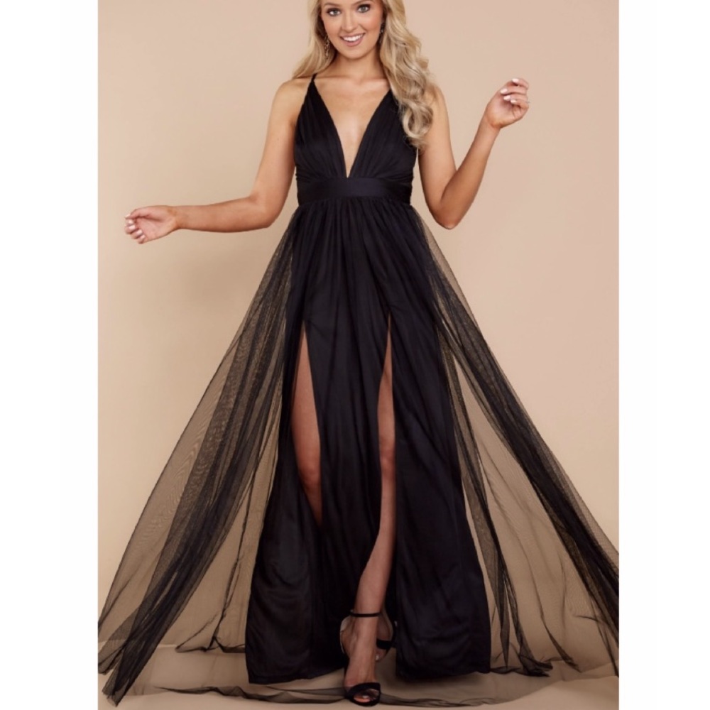 Deep V Neck Tulle Gown